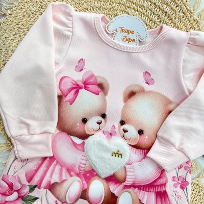 Vestido Manga Longa Ursinhas com Coração de Pelinho - Rosa